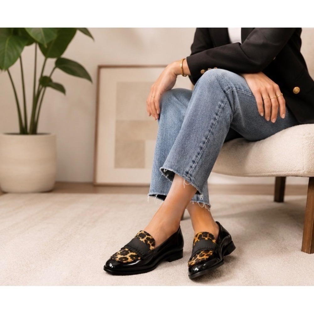 Kate Spade New York Black Patent Leather Leopard Fringe Loafers Womens Size 7M